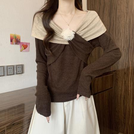 FA46744# 胖MM秋季新款设计感撞色拼接扭结手工花朵收腰显瘦打底衫 服裝批發女裝批發服飾貨源