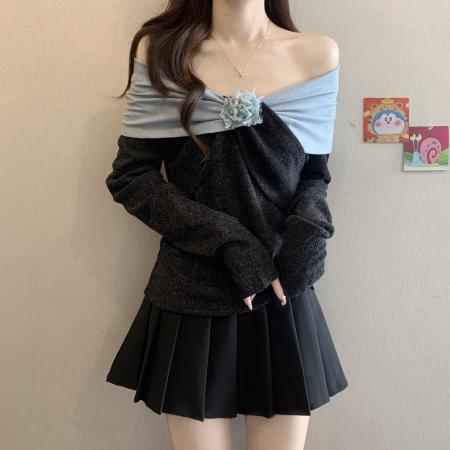 FA46744# 胖MM秋季新款设计感撞色拼接扭结手工花朵收腰显瘦打底衫 服裝批發女裝批發服飾貨源