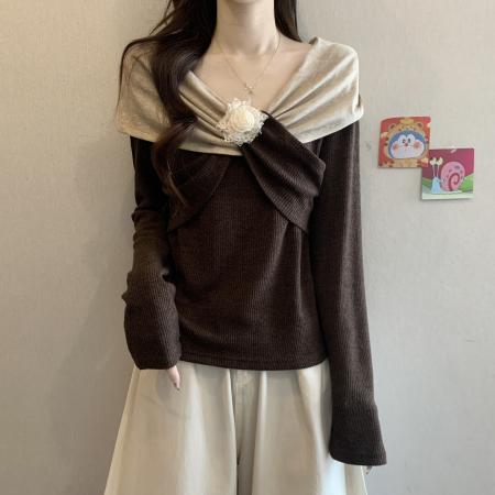 FA46744# 胖MM秋季新款设计感撞色拼接扭结手工花朵收腰显瘦打底衫 服裝批發女裝批發服飾貨源