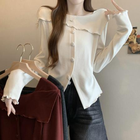 FA46745# 大码女装秋冬新款小众方领设计感时尚短款长袖针织小衫 服裝批發女裝批發服飾貨源