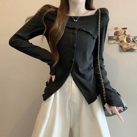 FA46745# 大码女装秋冬新款小众方领设计感时尚短款长袖针织小衫 服裝批發女裝批發服飾貨源