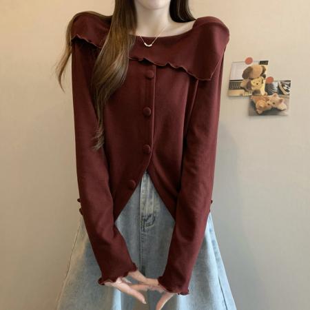 FA46745# 大码女装秋冬新款小众方领设计感时尚短款长袖针织小衫 服裝批發女裝批發服飾貨源