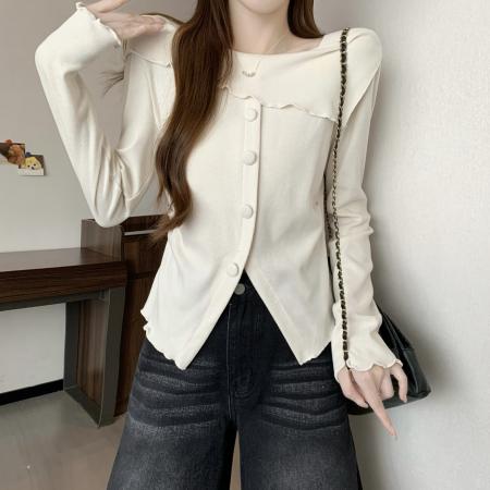 FA46745# 大码女装秋冬新款小众方领设计感时尚短款长袖针织小衫 服裝批發女裝批發服飾貨源