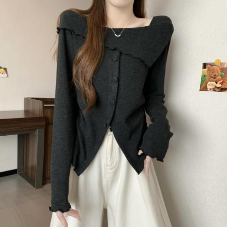 FA46745# 大码女装秋冬新款小众方领设计感时尚短款长袖针织小衫 服裝批發女裝批發服飾貨源