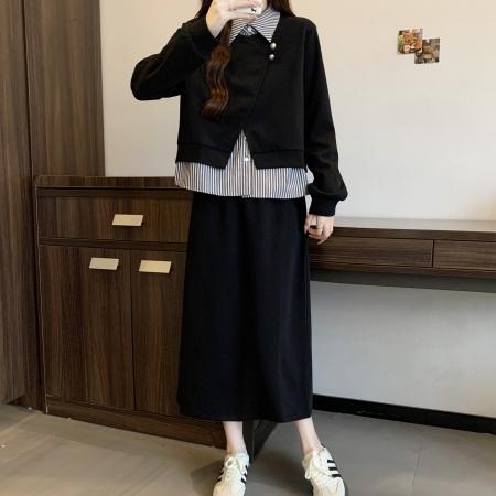 FA46746# 胖MM秋季新款小众设计拼接条纹卫衣＋高腰显瘦A字裙套装 服裝批發女裝批發服飾貨源