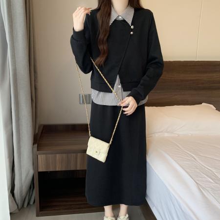 FA46746# 胖MM秋季新款小众设计拼接条纹卫衣＋高腰显瘦A字裙套装 服裝批發女裝批發服飾貨源