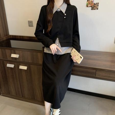 FA46746# 胖MM秋季新款小众设计拼接条纹卫衣＋高腰显瘦A字裙套装 服裝批發女裝批發服飾貨源