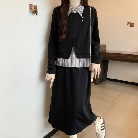 FA46746# 胖MM秋季新款小众设计拼接条纹卫衣＋高腰显瘦A字裙套装 服裝批發女裝批發服飾貨源