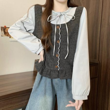 FA46747# 胖MM秋季新款设计感小众拼接假两件刺绣木耳边长袖小衫 服裝批發女裝批發服飾貨源