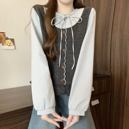 FA46747# 胖MM秋季新款设计感小众拼接假两件刺绣木耳边长袖小衫 服裝批發女裝批發服飾貨源