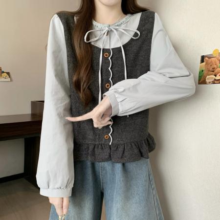 FA46747# 胖MM秋季新款设计感小众拼接假两件刺绣木耳边长袖小衫 服裝批發女裝批發服飾貨源