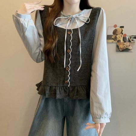 FA46747# 胖MM秋季新款设计感小众拼接假两件刺绣木耳边长袖小衫 服裝批發女裝批發服飾貨源