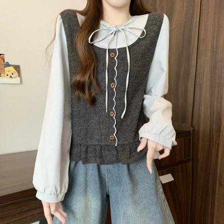 FA46747# 胖MM秋季新款设计感小众拼接假两件刺绣木耳边长袖小衫 服裝批發女裝批發服飾貨源