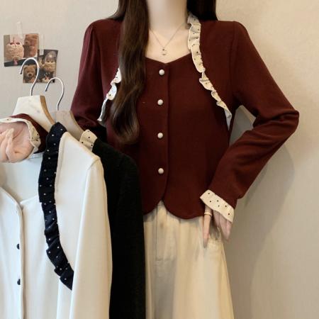 FA46748# 大码女装秋冬新款设计感法式小香风圆领短款撞色开衫 服裝批發女裝批發服飾貨源