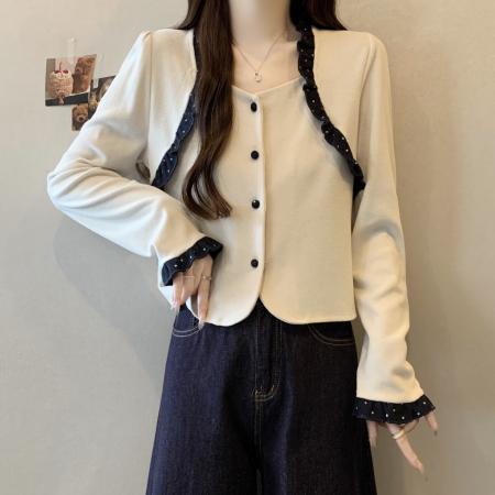 FA46748# 大码女装秋冬新款设计感法式小香风圆领短款撞色开衫 服裝批發女裝批發服飾貨源