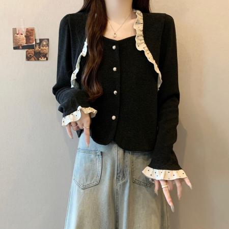 FA46748# 大码女装秋冬新款设计感法式小香风圆领短款撞色开衫 服裝批發女裝批發服飾貨源