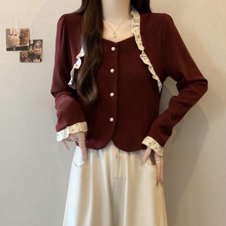 FA46748# 大码女装秋冬新款设计感法式小香风圆领短款撞色开衫 服裝批發女裝批發服飾貨源