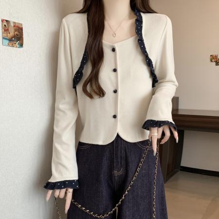 FA46748# 大码女装秋冬新款设计感法式小香风圆领短款撞色开衫 服裝批發女裝批發服飾貨源