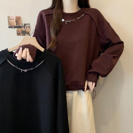 FA46749# 大码女装秋冬新款设计感纯色时尚领口链条宽松卫衣 服裝批發女裝批發服飾貨源