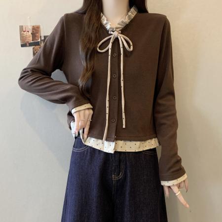 FA46750# 胖MM秋冬新款设计感法式复古领口系带拼接假两件打底上衣 服裝批發女裝批發服飾貨源