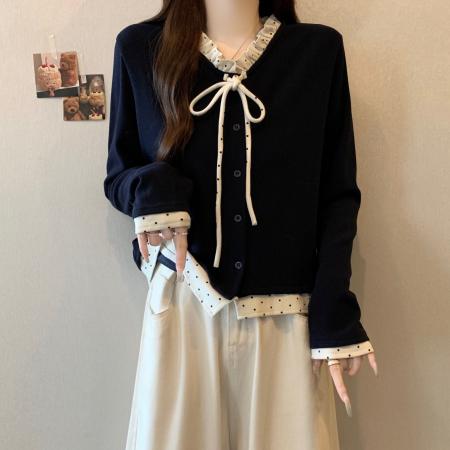 FA46750# 胖MM秋冬新款设计感法式复古领口系带拼接假两件打底上衣 服裝批發女裝批發服飾貨源