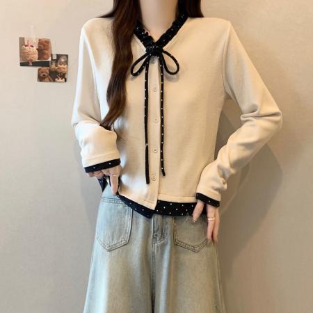 FA46750# 胖MM秋冬新款设计感法式复古领口系带拼接假两件打底上衣 服裝批發女裝批發服飾貨源