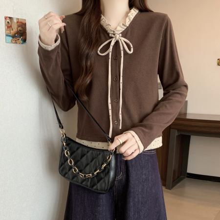 FA46750# 胖MM秋冬新款设计感法式复古领口系带拼接假两件打底上衣 服裝批發女裝批發服飾貨源