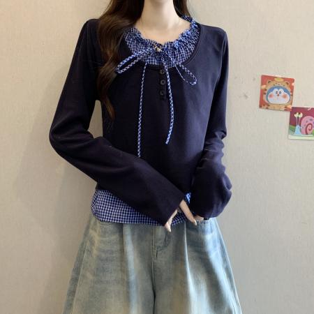 FA46751# 大码女装秋冬新款设计感格子拼接假两件针织长袖打底上衣 服裝批發女裝批發服飾貨源