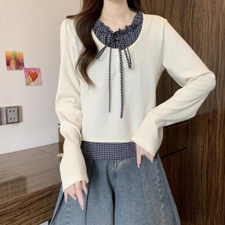 FA46751# 大码女装秋冬新款设计感格子拼接假两件针织长袖打底上衣 服裝批發女裝批發服飾貨源