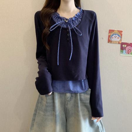 FA46751# 大码女装秋冬新款设计感格子拼接假两件针织长袖打底上衣 服裝批發女裝批發服飾貨源