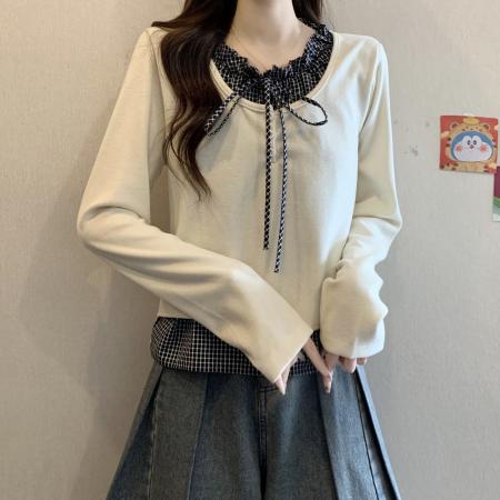 FA46751# 大码女装秋冬新款设计感格子拼接假两件针织长袖打底上衣 服裝批發女裝批發服飾貨源