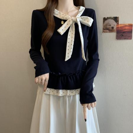 FA46752# 胖MM秋冬新款设计感法式复古蝴蝶结领口拼接针织打底上衣 服裝批發女裝批發服飾貨源