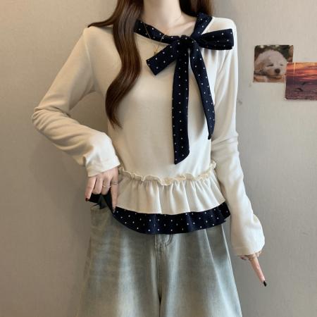 FA46752# 胖MM秋冬新款设计感法式复古蝴蝶结领口拼接针织打底上衣 服裝批發女裝批發服飾貨源