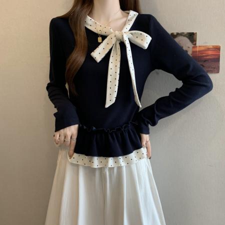 FA46752# 胖MM秋冬新款设计感法式复古蝴蝶结领口拼接针织打底上衣 服裝批發女裝批發服飾貨源