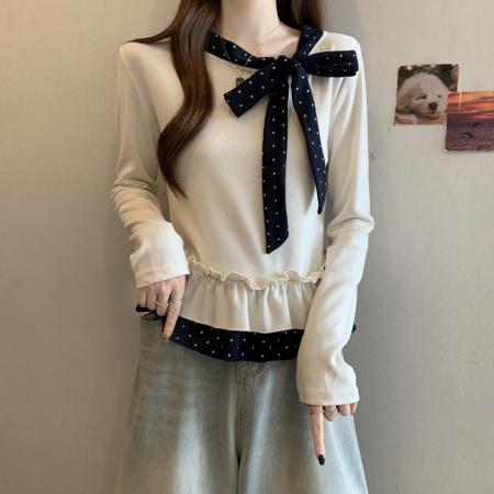 FA46752# 胖MM秋冬新款设计感法式复古蝴蝶结领口拼接针织打底上衣 服裝批發女裝批發服飾貨源