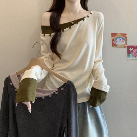 FA46753# 大码女装秋季新款小众设计感斜肩撞色打底长袖针织上衣 服裝批發女裝批發服飾貨源