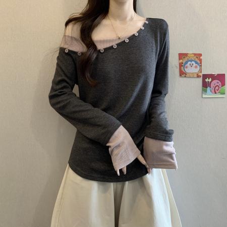 FA46753# 大码女装秋季新款小众设计感斜肩撞色打底长袖针织上衣 服裝批發女裝批發服飾貨源
