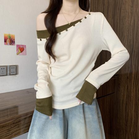 FA46753# 大码女装秋季新款小众设计感斜肩撞色打底长袖针织上衣 服裝批發女裝批發服飾貨源
