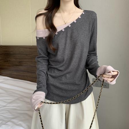FA46753# 大码女装秋季新款小众设计感斜肩撞色打底长袖针织上衣 服裝批發女裝批發服飾貨源