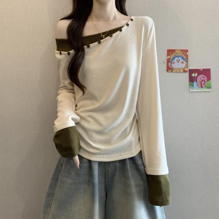 FA46753# 大码女装秋季新款小众设计感斜肩撞色打底长袖针织上衣 服裝批發女裝批發服飾貨源