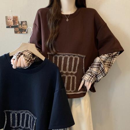 FA46754# 胖MM秋季新款设计感假两件拼接毛织口袋时尚宽松短款卫衣 服裝批發女裝批發服飾貨源