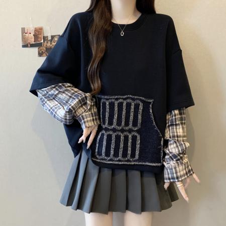 FA46754# 胖MM秋季新款设计感假两件拼接毛织口袋时尚宽松短款卫衣 服裝批發女裝批發服飾貨源