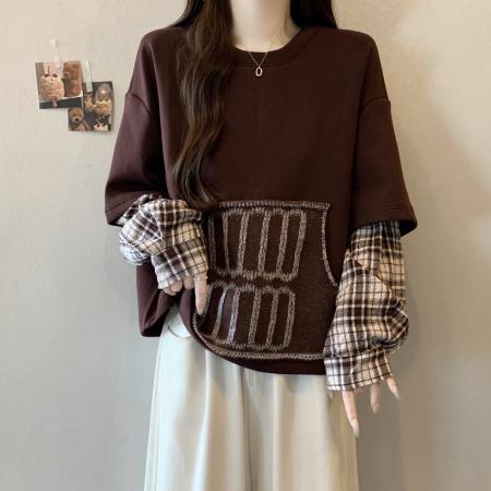 FA46754# 胖MM秋季新款设计感假两件拼接毛织口袋时尚宽松短款卫衣 服裝批發女裝批發服飾貨源