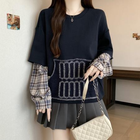 FA46754# 胖MM秋季新款设计感假两件拼接毛织口袋时尚宽松短款卫衣 服裝批發女裝批發服飾貨源