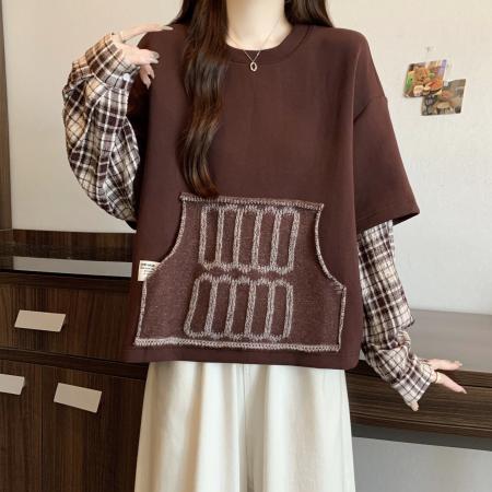 FA46754# 胖MM秋季新款设计感假两件拼接毛织口袋时尚宽松短款卫衣 服裝批發女裝批發服飾貨源