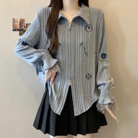 FA46756# 胖MM大码气质拼接蕾丝双拉链绣花设计感长袖开衫显瘦衬衫 服裝批發女裝批發服飾貨源