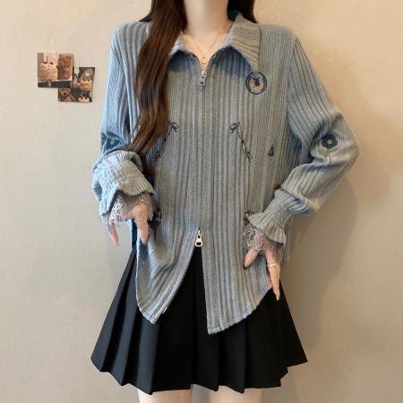 FA46756# 胖MM大码气质拼接蕾丝双拉链绣花设计感长袖开衫显瘦衬衫 服裝批發女裝批發服飾貨源