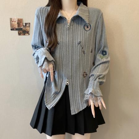 FA46756# 胖MM大码气质拼接蕾丝双拉链绣花设计感长袖开衫显瘦衬衫 服裝批發女裝批發服飾貨源