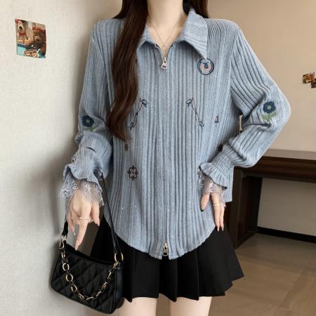 FA46756# 胖MM大码气质拼接蕾丝双拉链绣花设计感长袖开衫显瘦衬衫 服裝批發女裝批發服飾貨源
