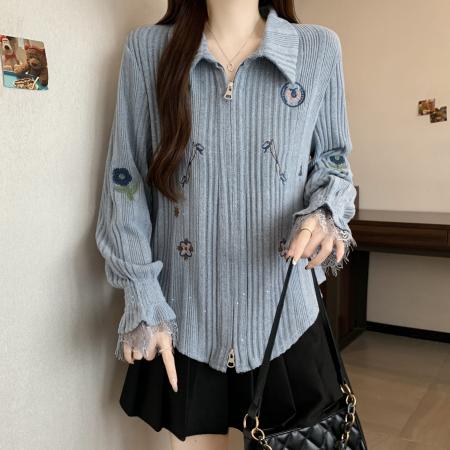 FA46756# 胖MM大码气质拼接蕾丝双拉链绣花设计感长袖开衫显瘦衬衫 服裝批發女裝批發服飾貨源